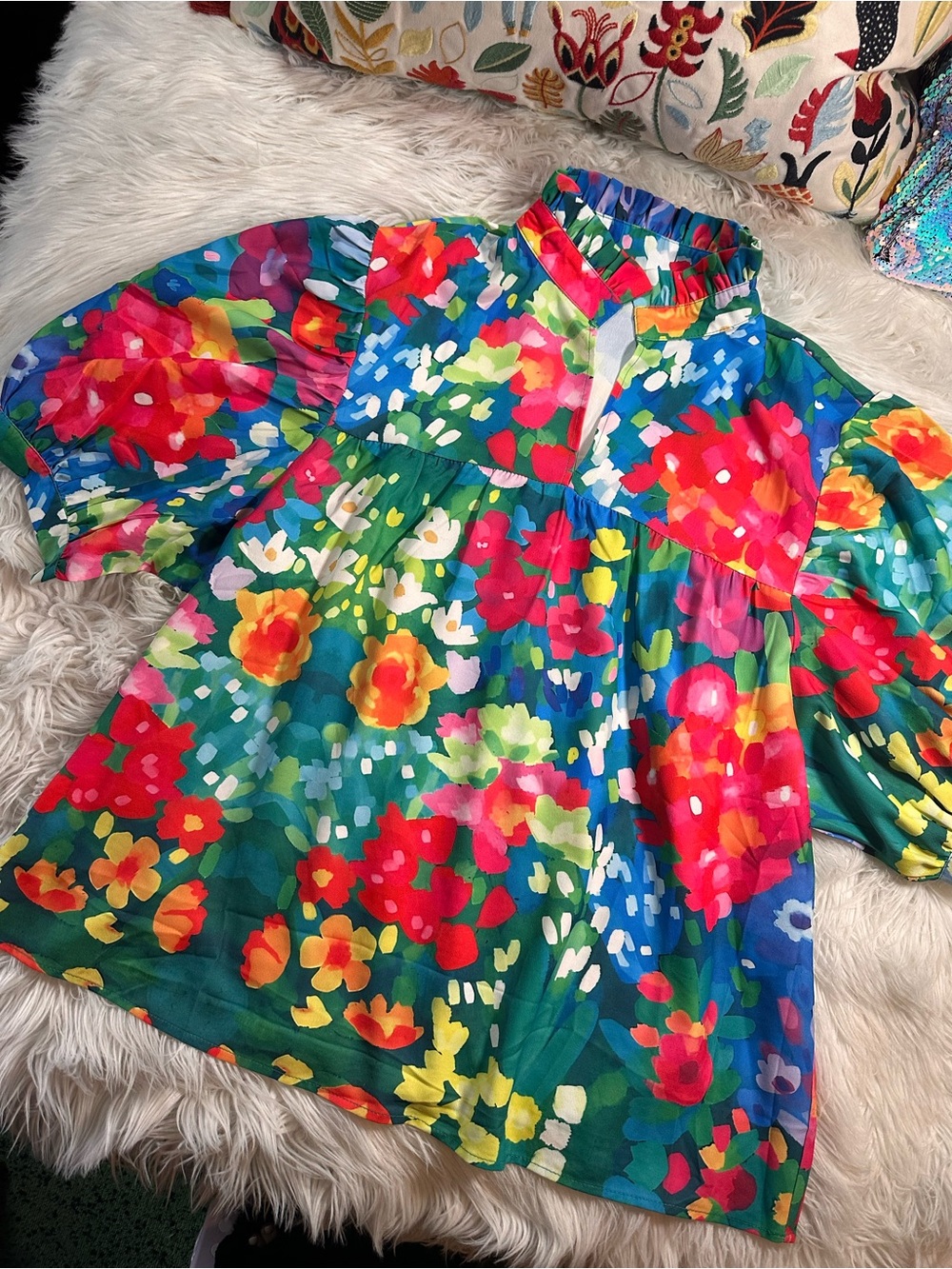 Floral Puff Sleeve Mandarin Collar Ruffle Blouse - Picture 12 of 12